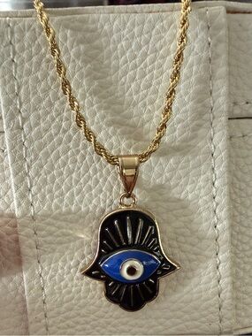 18K GF Hamsa Evil Eye Pendant Necklace with Rope Chain - 20”